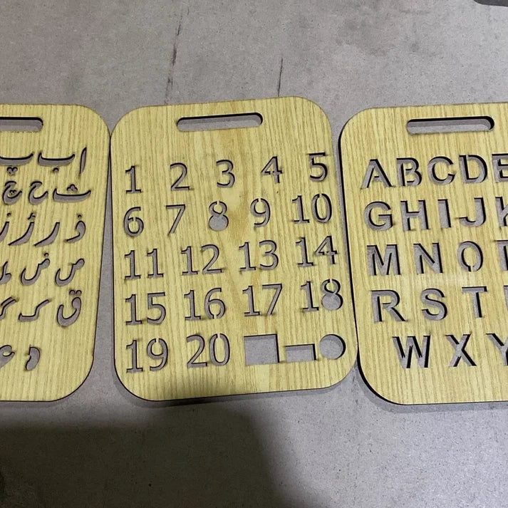 Early Learning Wooden Stencil Board Set – ABC, Numbers & Alifbey (Pack of 3)