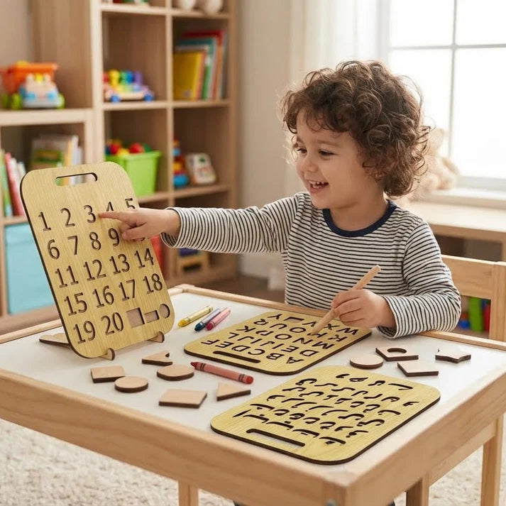 Early Learning Wooden Stencil Board Set – ABC, Numbers &amp; Alifbey (Pack of 3)