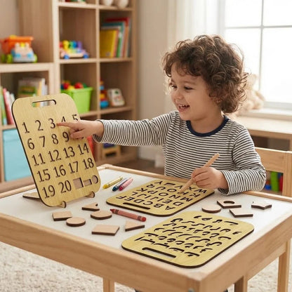 Early Learning Wooden Stencil Board Set – ABC, Numbers &amp; Alifbey (Pack of 3)